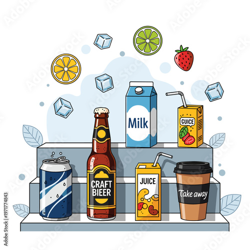 An assortment of popular beverages including beer, soda, milk, juice, and coffee, displayed with ice and fruit slices.