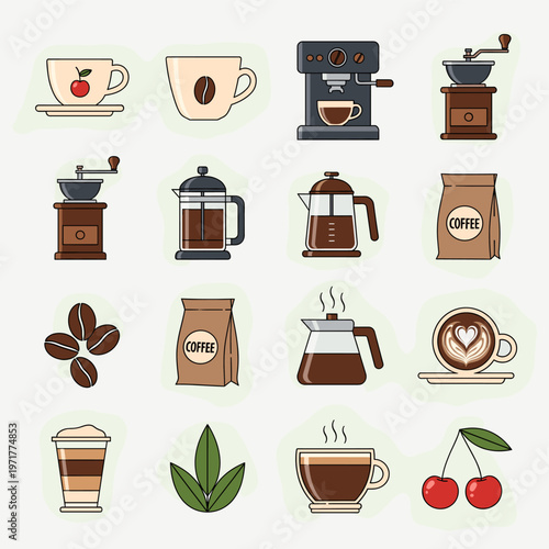 A comprehensive collection of various coffee-related items, brewing equipment, and ingredients depicted in a clean, flat design style.