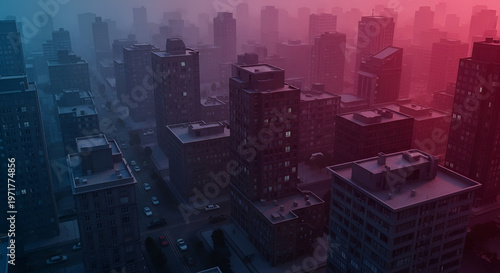 Aerial view of a dense city skyline at dusk with blue and red neon lights illuminating the skyscrapers, evoking a cyberpunk atmosphere, urban sprawl and futuristic cityscape