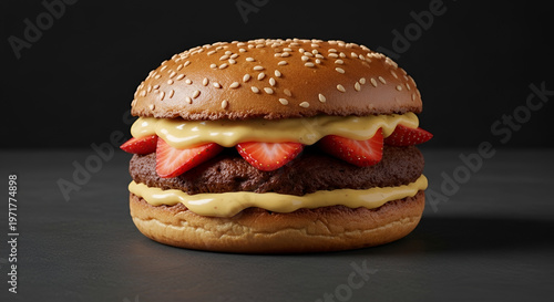 Gourmet burger with a beef patty, sliced strawberries, and creamy cheese sauce on a sesame seed bun, presented against a dark background, suggesting a unique flavor combination