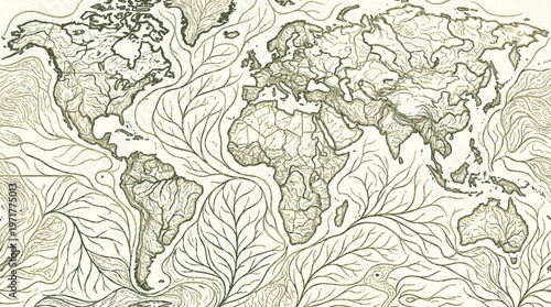 Detailed global map showcasing earth's continents and ocean depths with intricate line art design