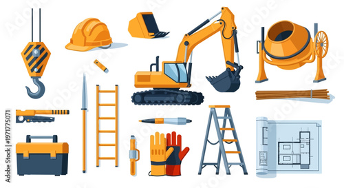 Construction Industry Tools and Equipment Illustration Set