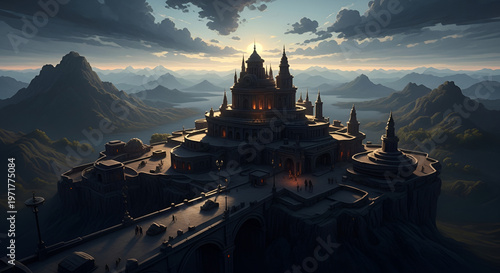 Pixelated fantasy castle fortress on a mountain peak at sunset, epic landscape with dramatic clouds, illuminated windows, and winding paths, digital art style