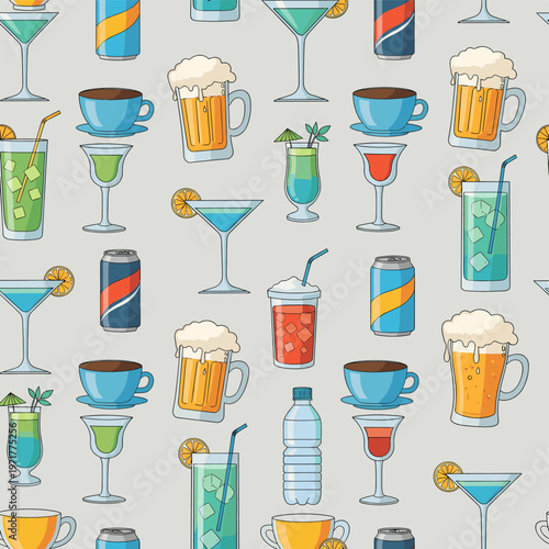 A seamless pattern featuring a variety of colorful beverages including cocktails, beer, coffee, soda, and water bottles on a light background.
