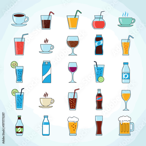 A collection of colorful flat design icons depicting various beverages including coffee, tea, juice, water, soda, wine, beer, and milk in different containers.