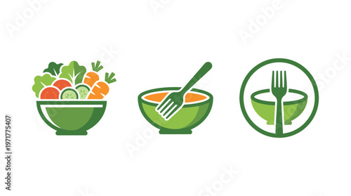 Healthy Salad Icons Set - Fresh Vegetables, Bowls, and Utensils