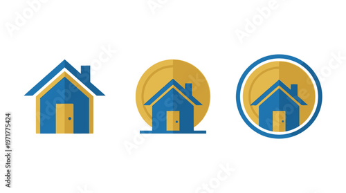 Blue House Icons with Gold Coin Elements