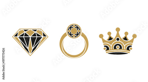 Diamond, Ring, and Crown Icons - Luxury, Royalty, and Wealth Symbols