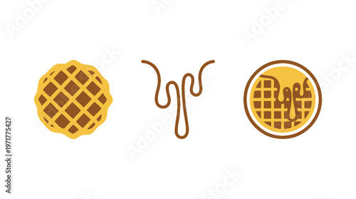 Waffle Icons: Plain, Drizzle, and Syrup Drip - Vector Illustration