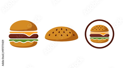 Burger icons and bun on white background, fast food graphic elements