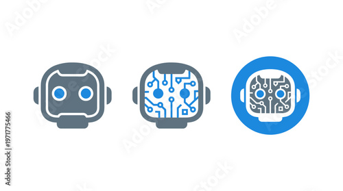 AI Robot Head Icons: Circuit Board Brain, Modern Technology, Artificial Intelligence