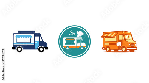 Set of three food trucks in different colors and styles, flat design illustration