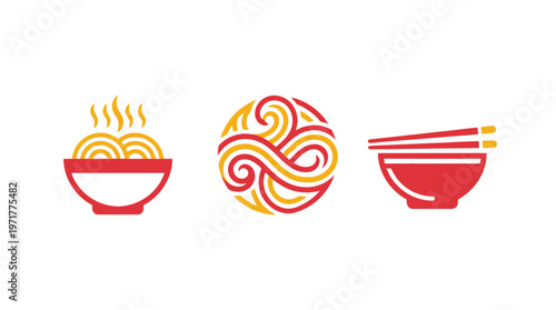 Asian Noodles Bowl Icon Set - Hot Food, Swirls, Chopsticks