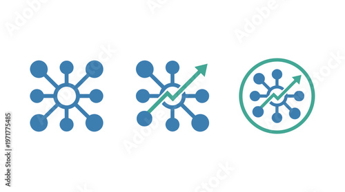 Network connection and growth icon set with upward trend graph
