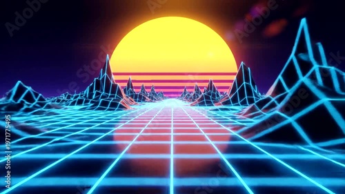 Neon Grid Futuristic Sunset Landscape.