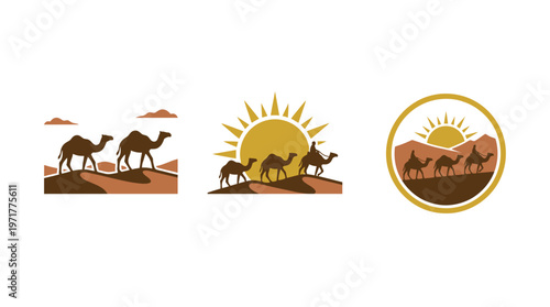 Caravan of camels walking across desert dunes under the sun, vector illustration