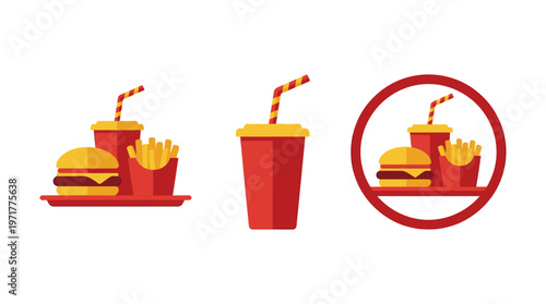 Fast Food Meal Icons: Burger, Fries, Drink, and Restriction Symbol