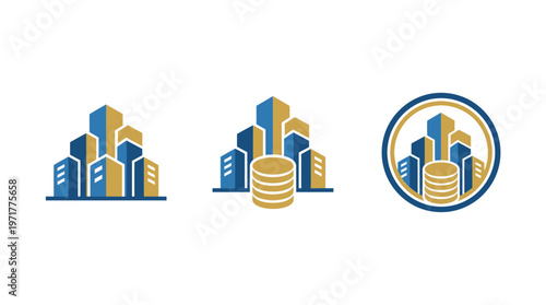 Skyscraper Icons with Stacked Coins, Real Estate Investment and Finance Concept
