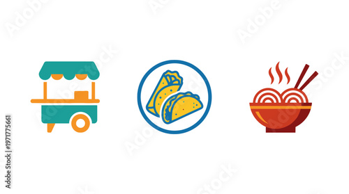 Street Food Icons: Food Truck, Tacos, and Ramen Noodles