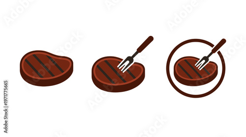 Grill Steak Icon Set - Meat, Fork, Circle Badge - Vector Illustration