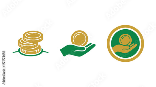 Financial Icons: Stack of Coins, Hand Holding Coin, Coin in Circle