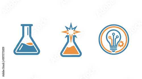 Laboratory Flasks, Idea Bulb, and Gear Icons: Science, Innovation, Technology