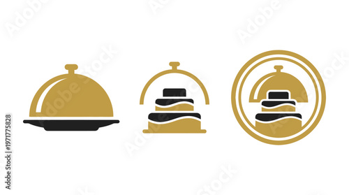 Elegant Cake Icons: Serving Cloche, Tiered Cake, Circular Emblem