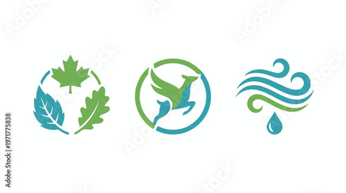 Eco-friendly nature symbols: leaves, Pegasus, water drop & waves