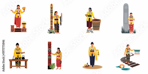 Set of Indonesian women in traditional clothing showcasing various cultural activities, hospitality, and heritage in a flat vector illustration style.