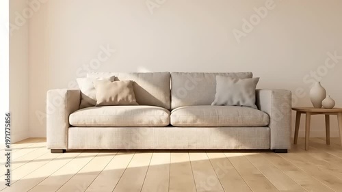 A beige sofa sits against a white wall in a bright room with wooden flooring and a side table.
