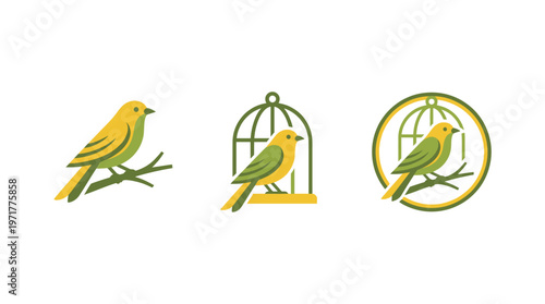 Yellow Green Bird Icons Set - Perched, In Cage, In Round Frame
