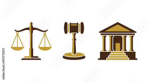 Law Icons: Scales of Justice, Gavel, Courthouse Building - Legal System Symbols