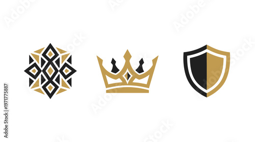 Royal Emblem Set: Crown, Shield, Geometric Icon - Luxury, Power, Security