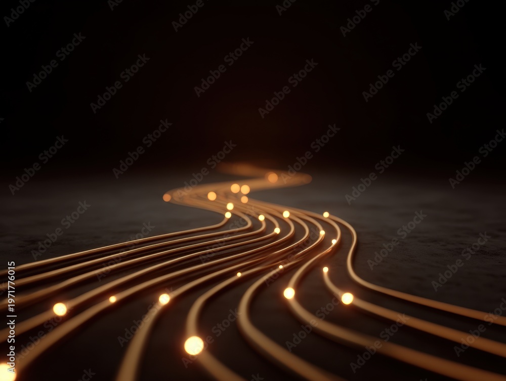 Fototapeta premium Flowing Lines of Light in Dark Space, Creating an Ethereal Glow Effect with Warm and Inviting Tones for Abstract Background Design and Art