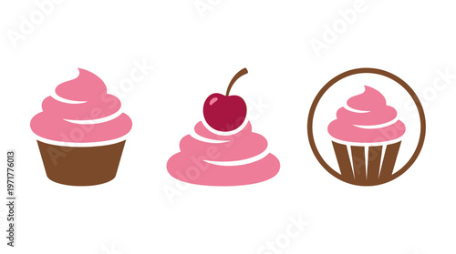Three stylized cupcakes: plain, cherry-topped, and framed, with pink frosting.