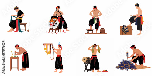 Illustrations of Indonesian men in traditional costumes preparing for a folk dance performance, featuring masks, instruments, and grooming activities on white.