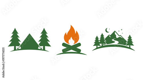 Camping Icons: Tent, Bonfire, Mountains Under Night Sky