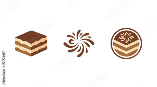 Layered Chocolate Dessert Icons: Tiramisu, Swirl, and Cake Slice
