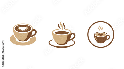 Coffee Cup Icons: Latte Art Heart, Steaming Coffee, and Circular Emblem