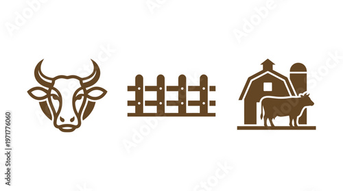 Farm icons: cow head, fence, barn with cow and silo