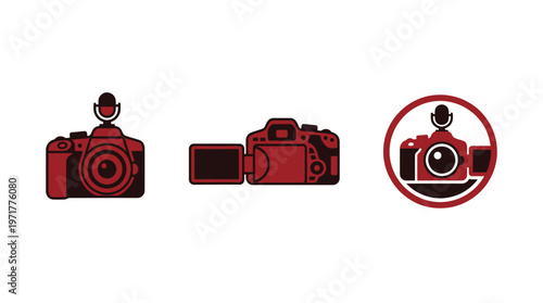 Digital Camera Icons with Microphone: Front, Side View, and Emblem