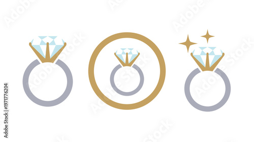 Diamond Ring Icons: Engagement, Wedding, Luxury Jewelry, Sparkle, Gold Circle