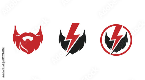 Beard Lightning Bolt Logo Icons Set, Red and Black