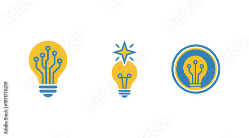 Creative Idea Icons: Lightbulb Circuit, Sparking Bulb, and Circular Bulb