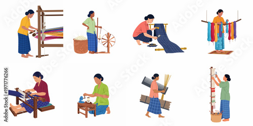 Set of illustrations depicting women engaged in traditional textile weaving, spinning thread, and manual fabric production processes using traditional wooden tools.