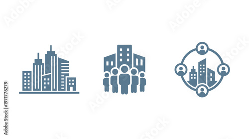 City skyline icons with people and network connections