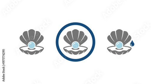 Oyster Shells with Pearls and Water Droplet Icon Set