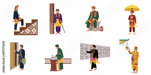 Collection of illustrations showing Malay men in various traditional royal costumes and cultural activities on a white background.