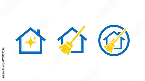 House Cleaning Service Icons: Sparkle, Broom, and Circular Emblem