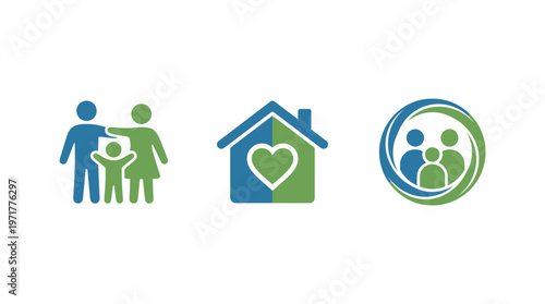 Family icons: people, house with heart, group in circle. Blue and green.